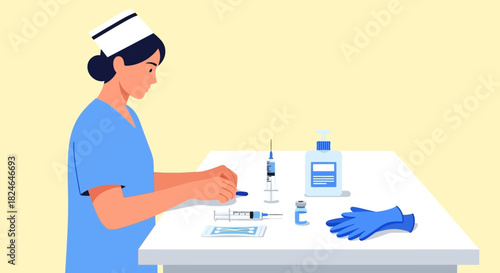 Dedicated healthcare professional meticulously prepares medical supplies, including a vaccine vial and syringe, for essential immunization and patient care