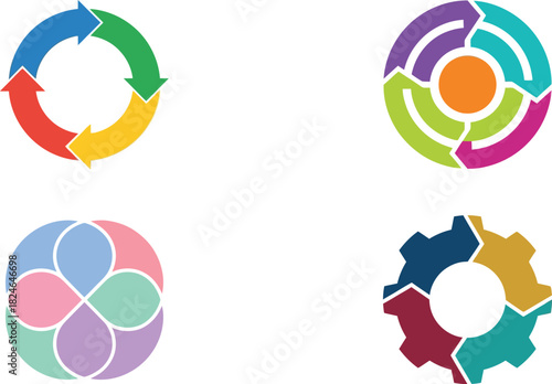 Four colorful circular arrow and shape icons representing dynamic processes and connections on transparent background