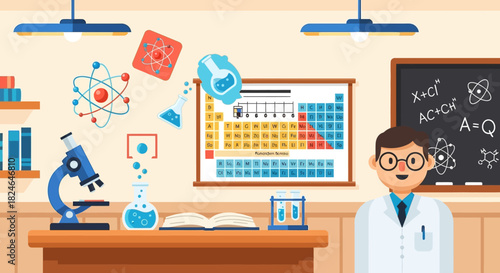 Smiling scientist in a laboratory surrounded by chemistry equipment, atomic models, and a periodic table, representing scientific research and education