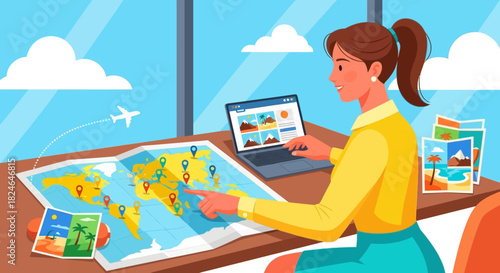 Planning a Dream Vacation A Woman Researching Travel Destinations on a World Map with a Laptop