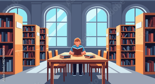 A Student Reading a Book in a Grand Library with Tall Bookshelves and Large Windows