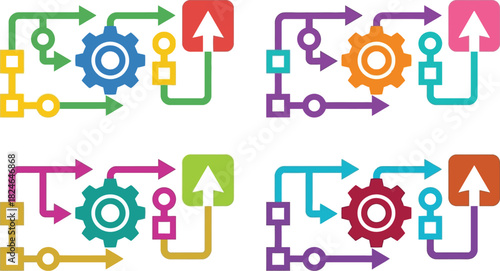 Colorful interconnected gears and arrows illustrating process flow automation and system integration on transparent background