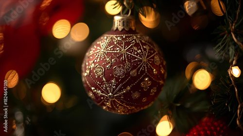 A detailed view of a red and gold christmas ornament hanging on a christmas tree branch
