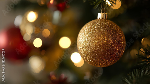 A close up of a christmas tree with a gold ornament and blurred lights in the background