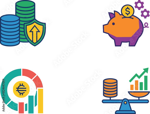 Illustrative icons depicting finance investment savings growth and security concepts on transparent background