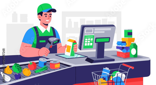 Grocery Store Checkout Process Illustration A Smiling Clerk Scanning Groceries at the Counter