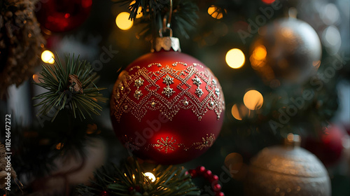 A close up of a christmas tree with red and gold ornaments and blurred background lights
