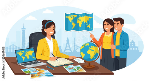 Expert travel agent assists a happy couple in whisking up their dream vacation plans, offering personalized consultation for memorable international trips