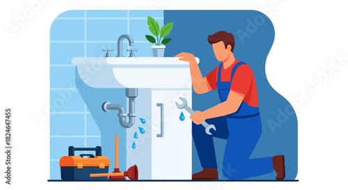 Professional Plumber Fixing Leaky Sink Pipe with Wrench in Modern Bathroom, Illustrating Expert Plumbing Repair and Home Maintenance Service
