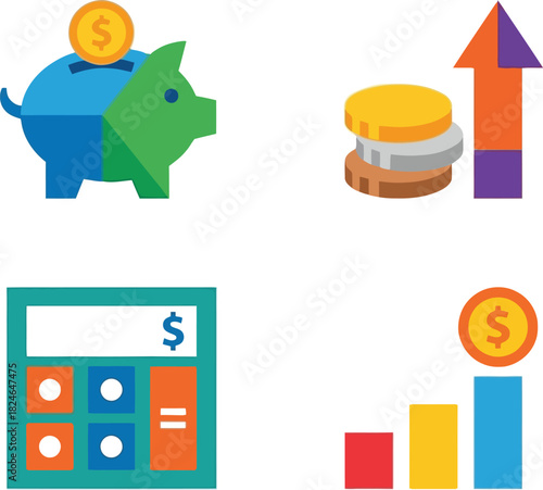 Colorful financial icons including a piggy bank coin calculator and upward trend on transparent background