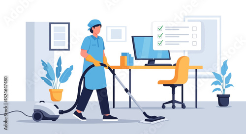Professional cleaning service janitor in uniform vacuuming the floor in a modern office space, a commercial maintenance concept illustration