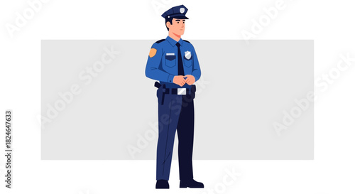 Police officer in uniform standing with hands on front, isolated on light grey background, EPS vector
