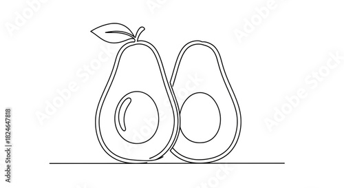 Vector illustration of line drawing of whole and halved avocados