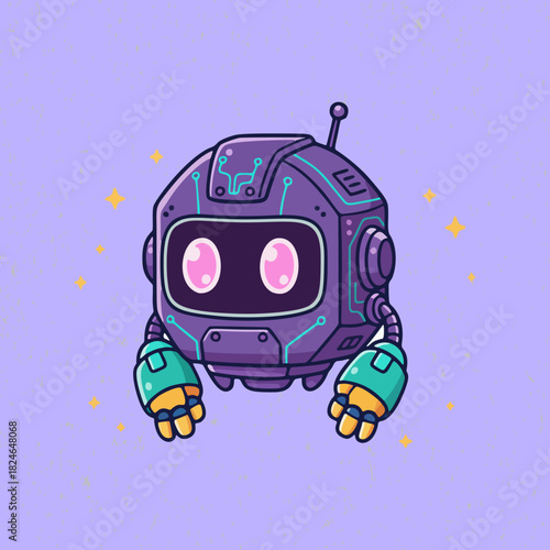 Cute levitating robot in flat design style, hovering gracefully with a joyful look and simple bold outlines perfect for modern creative projects.