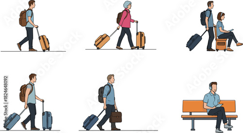 Illustrated travelers walking with rolling suitcases and waiting in airport terminal, modern people carrying luggage, sitting, reading, and preparing for travel