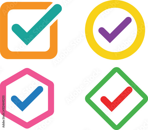 colorful checkmark icons in square circle hexagon and diamond shapes on transparent background