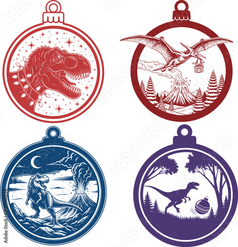 Funny Dinosaur Christmas Ornament Bundle T Rex Pterodactyl And Volcano Vector