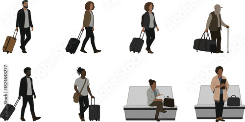 Diverse illustrated travelers walking with luggage and waiting in airport terminal, modern people carrying bags, sitting and preparing for travel journey