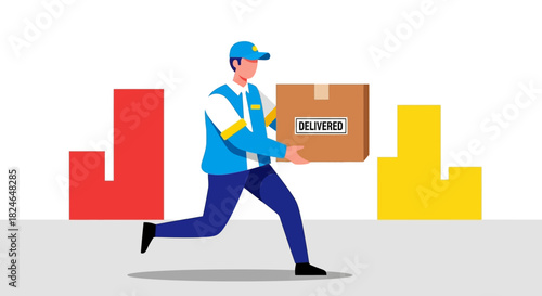 Courier delivering package, fast delivery service, shipping box, urgent parcel, and express mail delivery