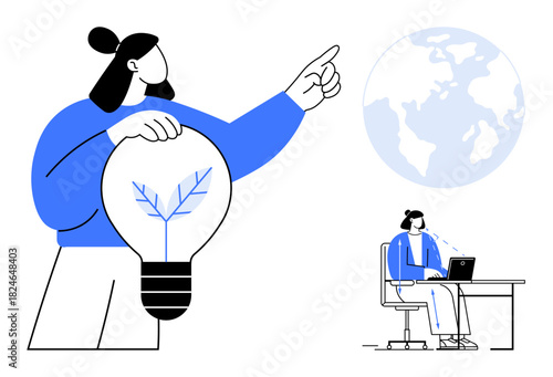 Sustainability concept. Sustainability is ed through a light bulb with a leaf, remote work, and global collaboration. Sustainability inspires ecological innovation and connected teamwork. For green