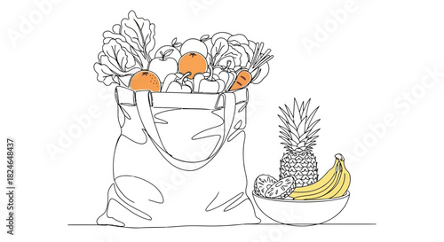 Vector illustration of reusable shopping bag with fresh fruits and vegetables