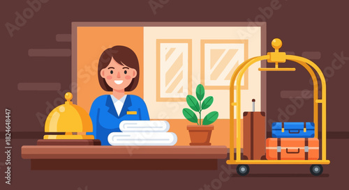 Hotel Receptionist Welcoming Guests with Luggage Trolley and Bell at the Front Desk