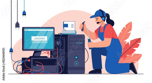 A skilled female technician in overalls provides professional technical support while repairing a complex desktop computer system with open hardware
