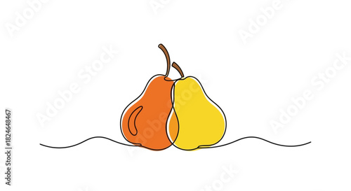 Vector illustration of continuous line art drawing of two colorful pears