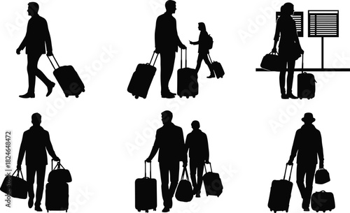 Silhouette travelers walking with luggage in airport terminal, carrying bags, checking schedules, and moving through departure areas in travel illustration set