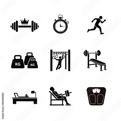 Collection of fitness and gym icons in black and white