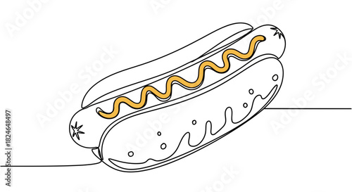 Vector illustration of hot dog with mustard in a continuous line art drawing