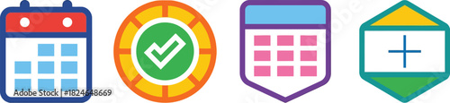 Four colorful flat design icons representing calendar badge schedule and medical symbol on transparent background