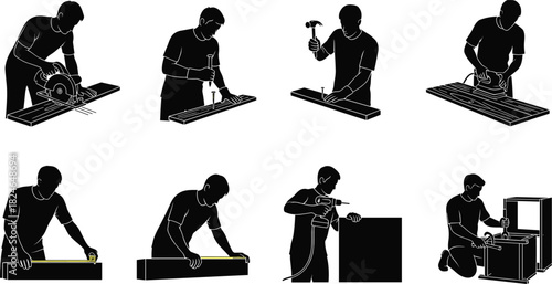 Woodworker performing multiple carpentry tasks including cutting, drilling, hammering, measuring, sanding, and assembling furniture in detailed black silhouette illustration set