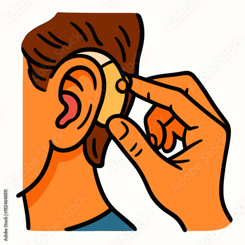 Hand touching hearing aid behind ear
