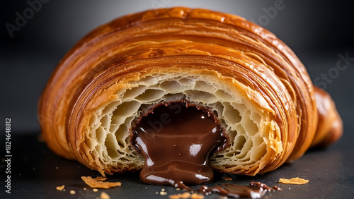 Close-up of a croissant cut open, revealing a flowing chocolate filling.