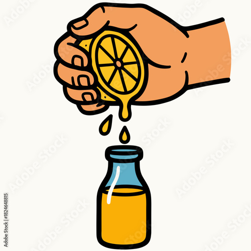 Hand squeezing lemon into bottle