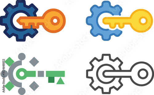 Colorful gear and key icons in various styles including outlined and filled versions on transparent background