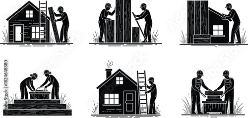 Collection of construction workers building house structure, assembling wooden panels, installing ladders, teamwork construction process and home building illustration set