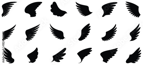 Angel and bird wings collection with diverse shapes, black wing icons, detailed feather elements, vector illustrations for creative projects, logo design, fantasy themes