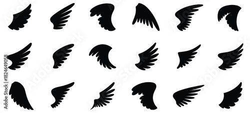 Angel and bird wings collection with diverse shapes, black wing icons, detailed feather elements, vector illustrations for creative projects, logo design, fantasy themes