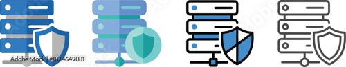 Four server icons with security shields showing color and grayscale variations on transparent background