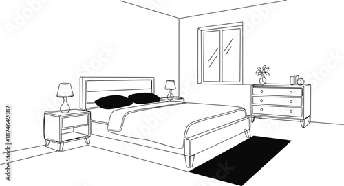 Minimalist Bedroom Interior Line Art – Modern Bed Furniture Illustration.