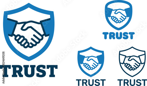 Blue shield icon featuring a handshake design with the word trust repeated on transparent background