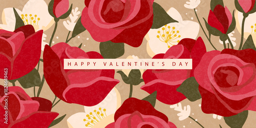 Floral banner with red roses, white flowers and grainy texture, for Valentine's Day background, romantic greetings or wedding decor, vector illustration