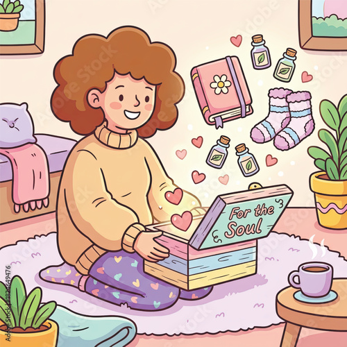 Cute cartoon girl opening a pastel self-care box filled with socks, oils and a diary. Warm cozy room, soft colors, positive mood and comfort vibes.. Vector illustration