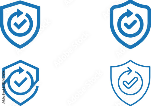 Two blue shield icons with checkmarks and refresh arrows and their outline variations on transparent background