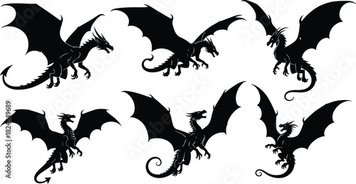 Collection of fierce flying dragon silhouettes with large wings, fantasy creature designs, mythical beasts, and powerful black illustrated monster shapes