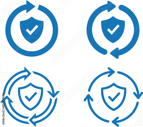 Four blue security icons depicting shield and circular arrows symbolizing protection and recycling on transparent background