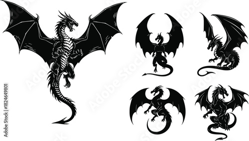Collection of detailed fierce dragon silhouettes with large wings, fantasy mythical creatures, powerful flying monsters, and highly stylized black artwork designs