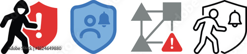 security icons depicting a thief shield alert system and person running with a bell on transparent background